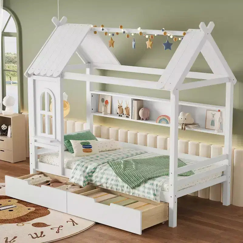 Hausbett mit Stauraumschubladen und Fenster, Massivholzrahmen mit Regalen, kindgerechtes verspieltes Design, hellweiß
