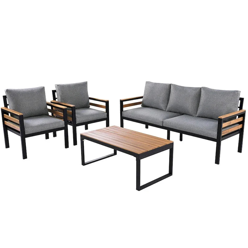 4-teiliges Outdoor-Sofaset für 5 Personen mit Couchtisch aus Massivholz und abnehmbaren Kissen