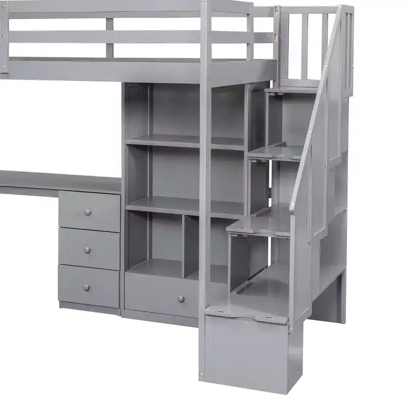 Hochbett in Einzelbettgröße mit L-förmigem Schreibtisch, 3 Schubladen, Schrank und Stauraum in der Treppe, Konstruktion aus massivem Kiefernholz/MDF