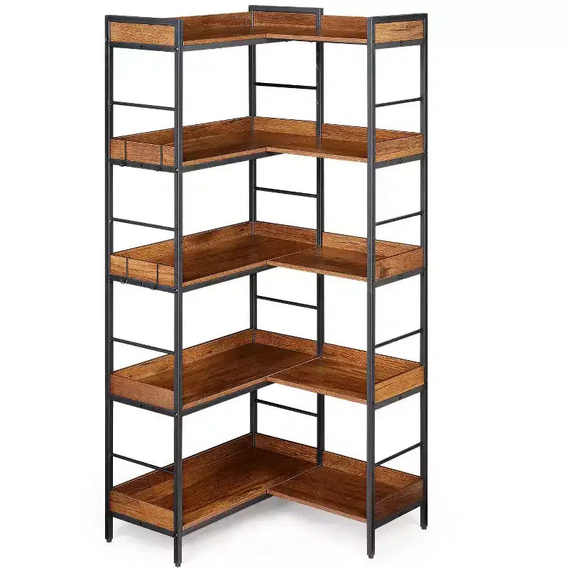 Bibliothèque d'angle en L à 5 niveaux, 65, en bois et métal de style industriel (brun rustique), rangement réversible pour le salon, la chambre et le bureau à domicile