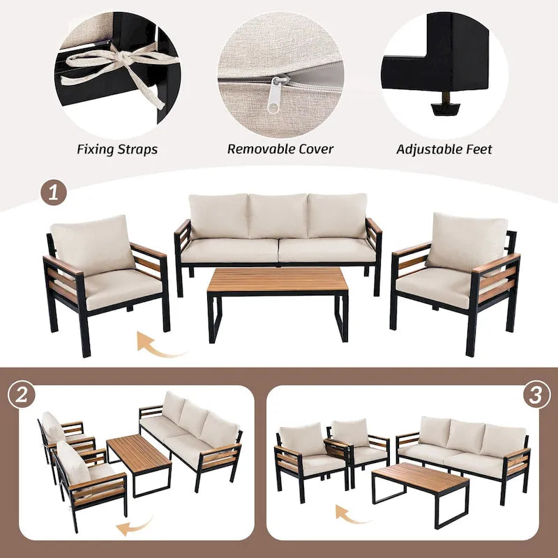 4-teiliges Outdoor-Sofaset für 5 Personen mit Couchtisch aus Massivholz und abnehmbaren Kissen