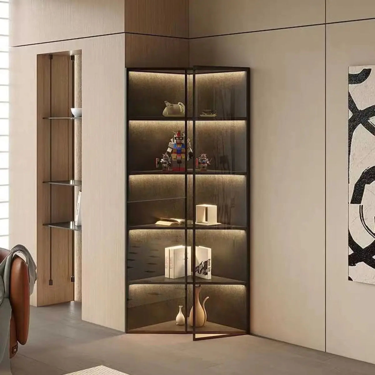 Moderner grauer Eckvitrinenschrank aus Metall und Holz mit Glastür