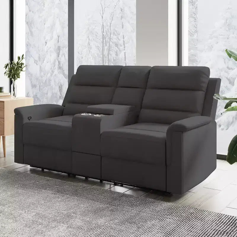 Beiges/graues Zweisitzer-Liegesofa aus Tech-Gewebe mit verstellbarer Rückenlehne und Fußstütze