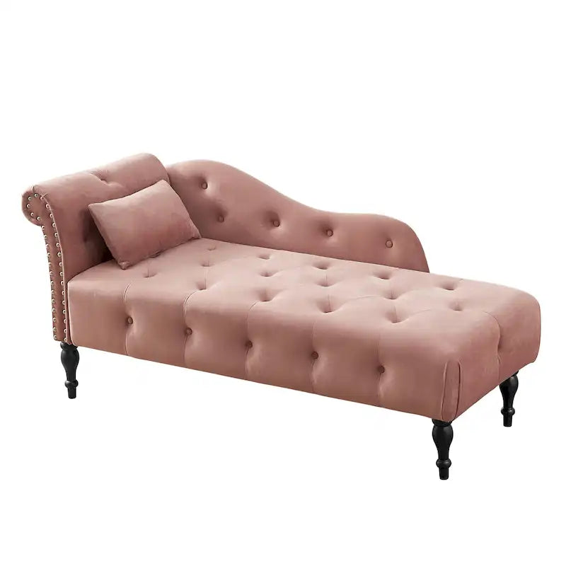 Moderne chaise longue van 60,6, bekleed met fluweel en voorzien van gecapitonneerde knopen, met poten van massief hout en sierspijkers