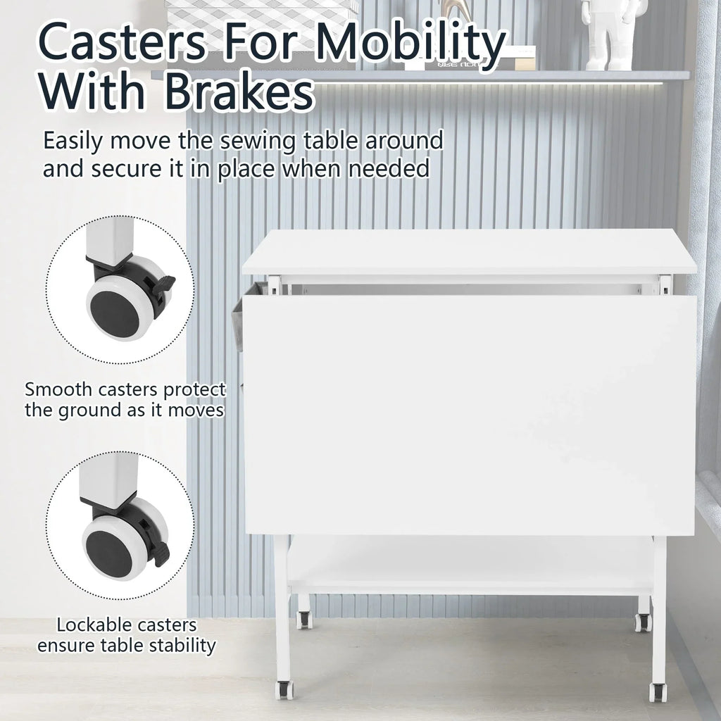 Table d’activités réglable en hauteur avec étagères de rangement, table de découpe pliante et mobile pour bureau à domicile, couture ou loisirs créatifs