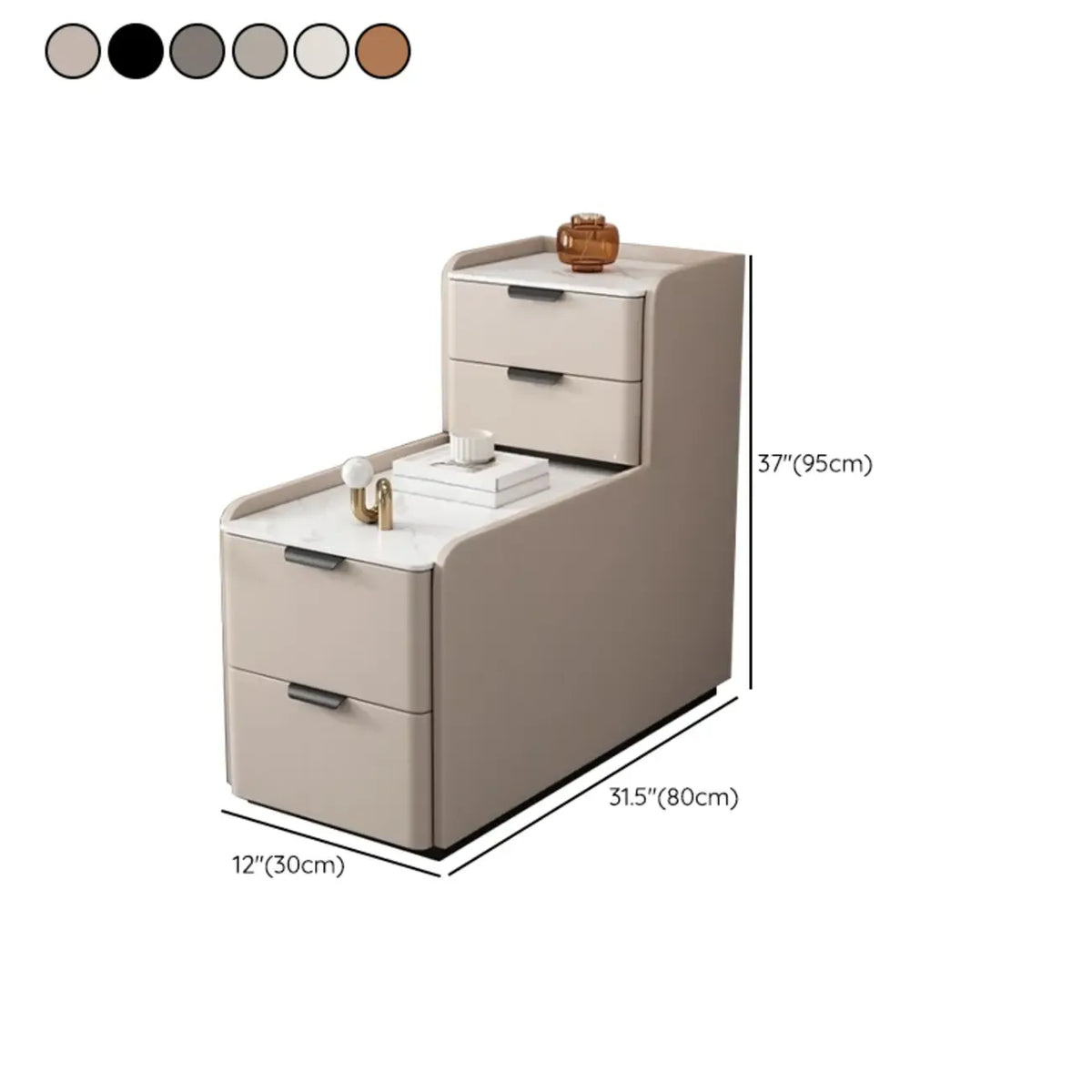Hoge houten L-vormige bijzettafel voor de bank met stenen blad en 4 laden