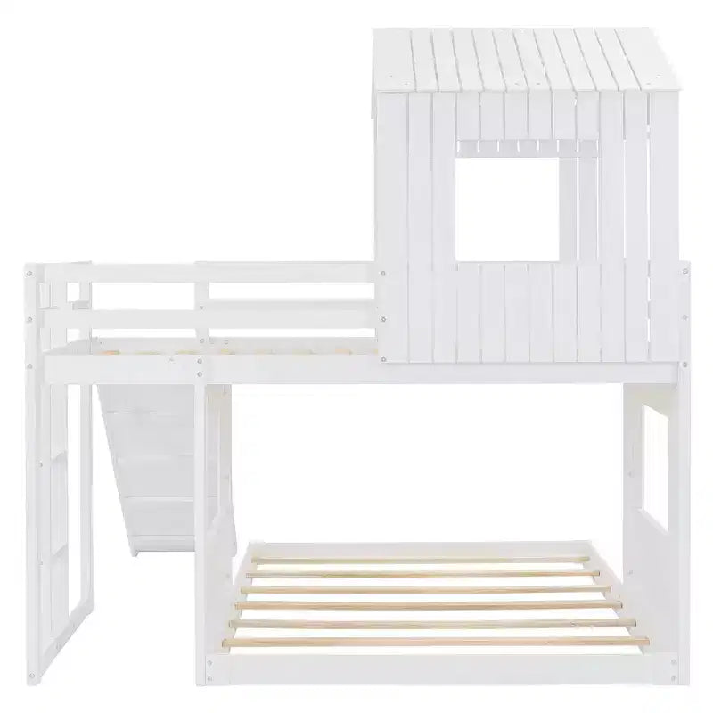 Lit superposé en bois Luxystar, couchage supérieur 1 place et inférieur 2 places, avec maisonnette, toboggan et barrières de sécurité