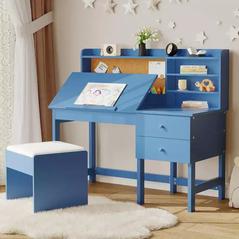 Kinderbureau met stoel, houten studeertafel met verstelbaar schuin bureaublad, lades en prikbord van kurk - schoolbureau voor kinderen