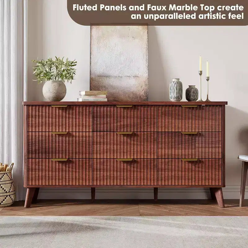 Commode met 9 gecanneleerde laden, moderne ladekast, houten commode-tv-meubel, gebogen ontwerp, voor de woonkamer of hal