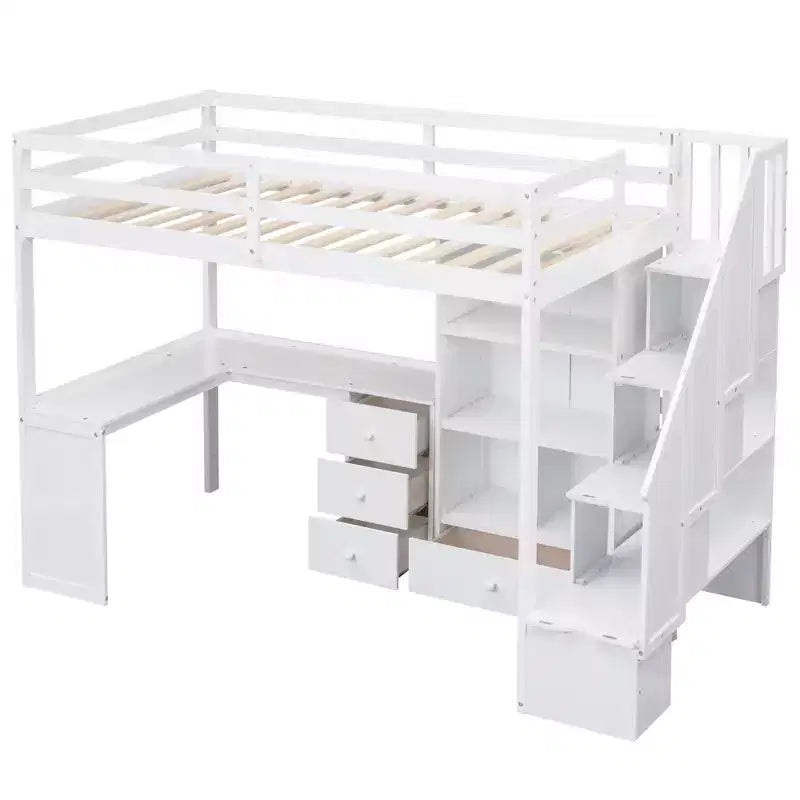 Hochbett in Einzelbettgröße mit L-förmigem Schreibtisch, 3 Schubladen, Schrank und Stauraum in der Treppe, Konstruktion aus massivem Kiefernholz/MDF