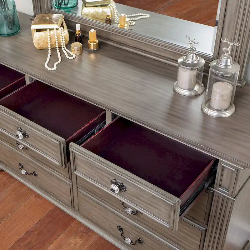 Traditionele Vame-set van 2 meubels: ladekast met 9 laden en spiegel, van Furniture of America