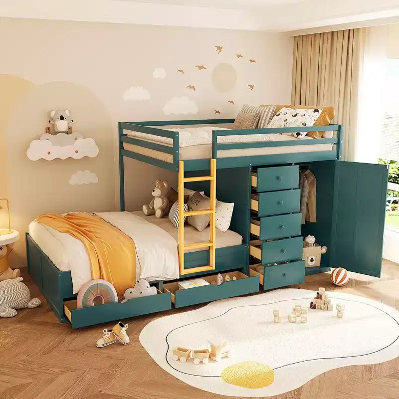 Stapelbed met twee tweepersoonsbedden, opbergkast en laden, houten stapelbed in tweepersoonsformaat met ruimtebesparend ontwerp en veiligheidsreling voor appartement en slaapkamer