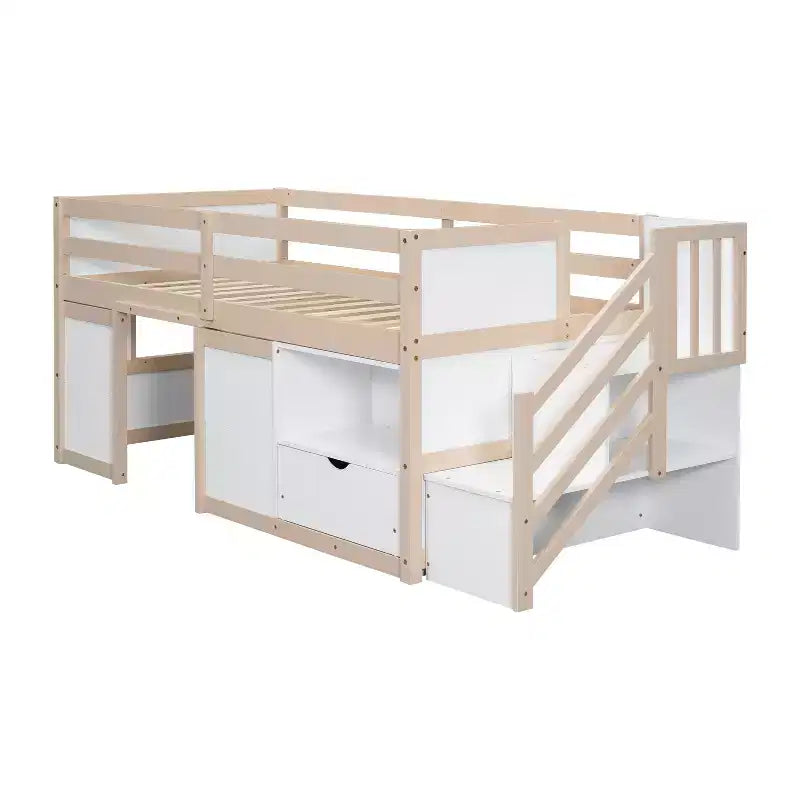 94.6L x 42.3W laag halfhoogslaper van massief hout voor een eenpersoonsbed, met trap, lade en plank, modern en strak ontwerp