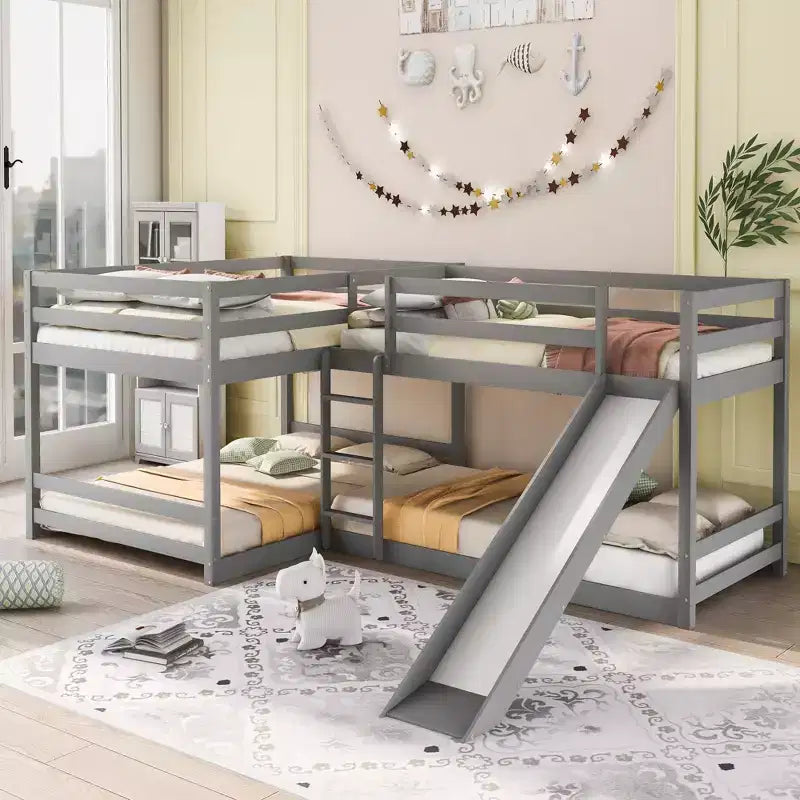 L-vormig stapelbed voor 4 kinderen, stapelbed voor vier met glijbaan, eenpersoonsbed en tweepersoonsbed, houten frame voor slaapkamer of studentenhuis