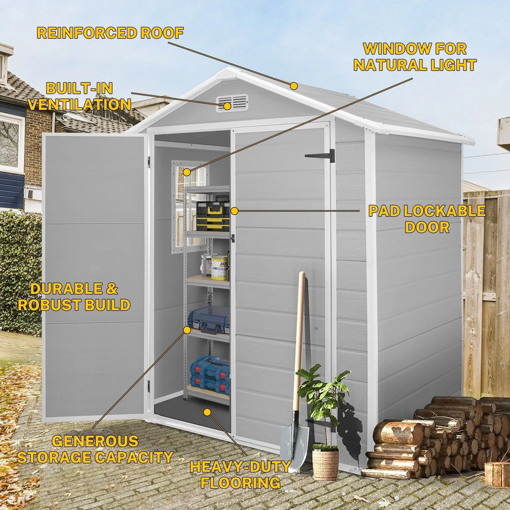 Abri de rangement extérieur en résine et plastique, tous temps, avec plancher, 6 ft x 4 ft/6 ft x 8 ft/8 ft x 6 ft/8 ft x 10 ft, abri à outils Spire