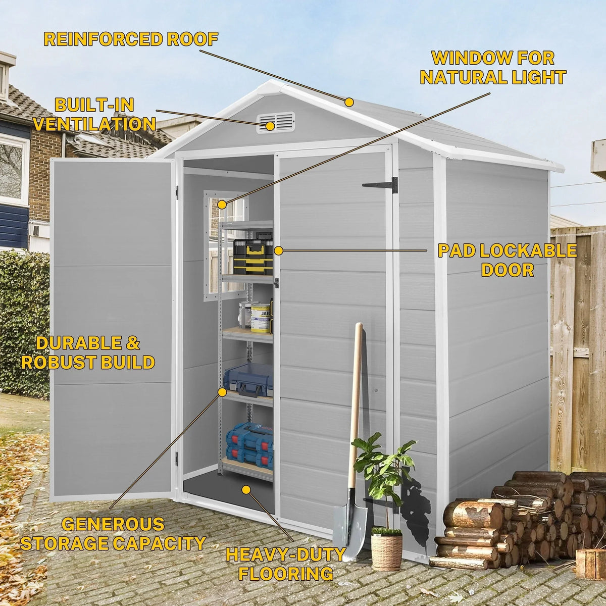 Abri de rangement extérieur en résine et plastique, tous temps, avec plancher, 6 ft x 4 ft/6 ft x 8 ft/8 ft x 6 ft/8 ft x 10 ft, abri à outils Spire
