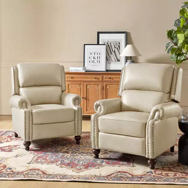 2er-Set moderner Ohrensessel aus Echtleder Elisabete mit Vintage-Nagelkopfverzierung für Wohnzimmer und Schlafzimmer| ART OF LIVING DESIGNS