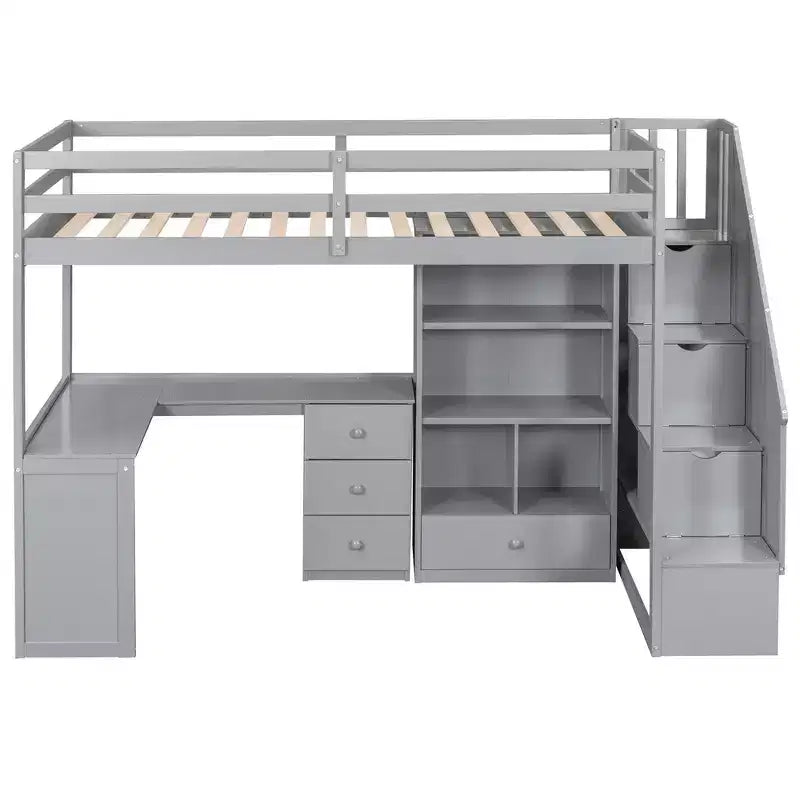 Hochbett in Einzelbettgröße mit L-förmigem Schreibtisch, 3 Schubladen, Schrank und Stauraum in der Treppe, Konstruktion aus massivem Kiefernholz/MDF
