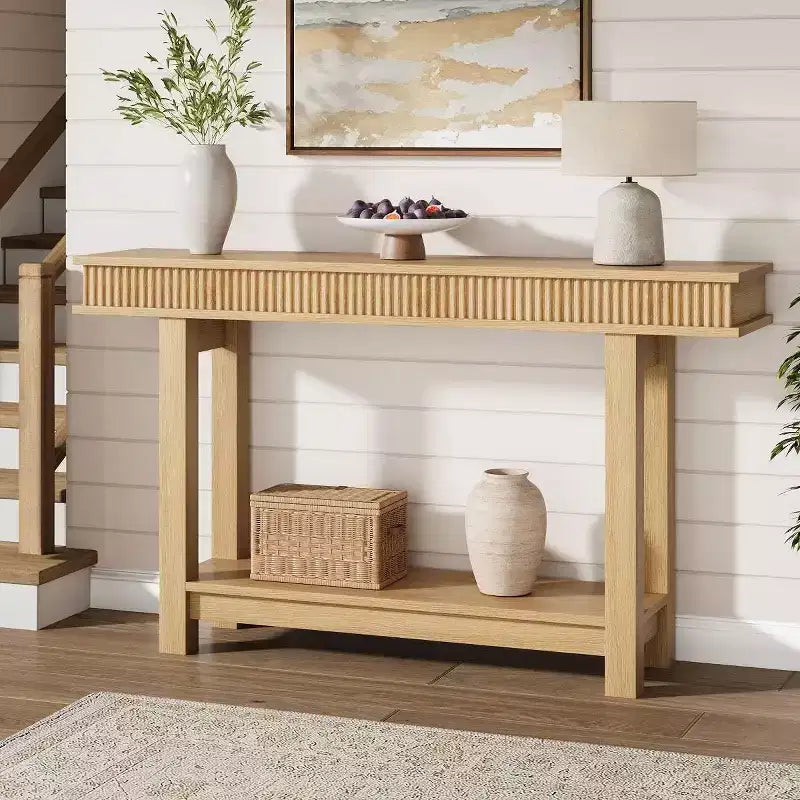 Landelijke consoletafel van gefreesd hout, 2 niveaus met opbergruimte op de plank, rechthoekige smalle haltafel voor achter de bank, voor de entree, gang of woonkamer