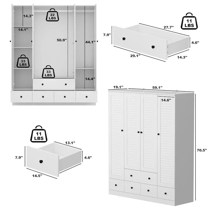 Kleiderschrank, 59 Zoll breit, großer freistehender Schrank, Weiß
