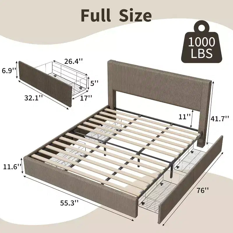 CuisinSmart-Bettrahmen aus Cord mit Kopfteil, gepolsterter Plattformbett-Rahmen mit 4 Schubladen und Lattenrost aus Holz