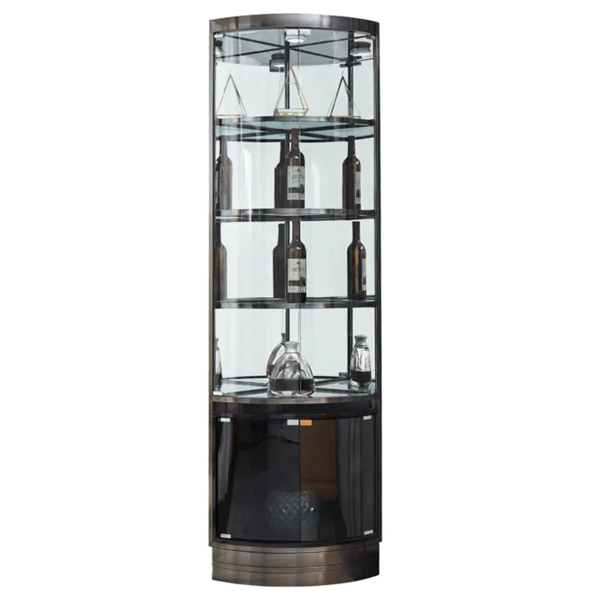 Multiple Levels Glass and Metal Shelf Storage Display Corner Wine Cabinet