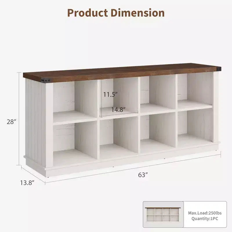 Bibliothèque de rangement à 8 casiers, style champêtre, modèle horizontal, bibliothèque en bois de 62 pouces pour entrée, longues bibliothèques basses pour salon
