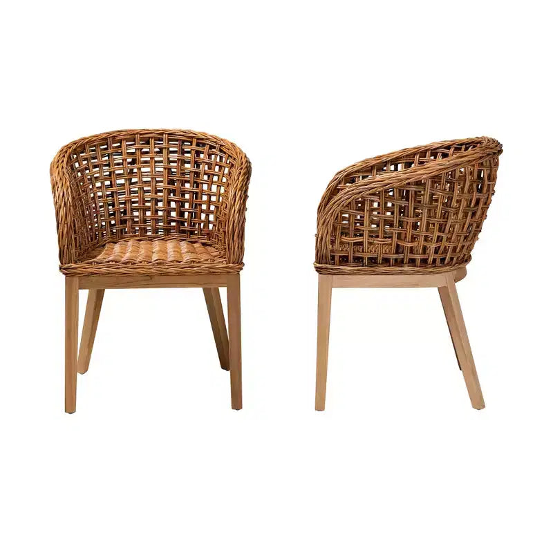 bali & pari Mario modernes Boho-Esszimmerstuhl-Set aus 2 Stück aus natürlich braun gebeiztem Teakholz und Rattan