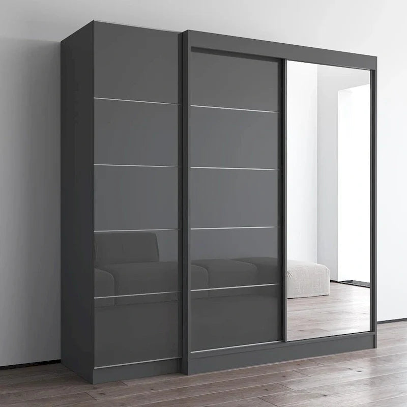 Kleiderschrank mit 2 Türen und Spiegel, Glasfront, für 2 Personen (Grau / Schwarz / Weiß)