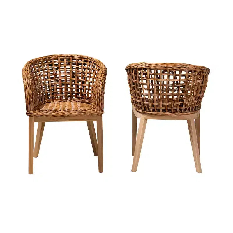bali & pari Mario modernes Boho-Esszimmerstuhl-Set aus 2 Stück aus natürlich braun gebeiztem Teakholz und Rattan