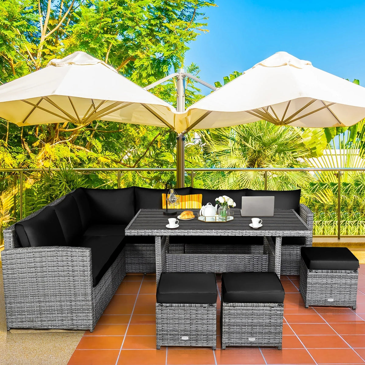 Costway, ensemble de salle à manger de jardin en rotin de 7 pièces avec canapé d’angle et repose-pieds - Voir les détails