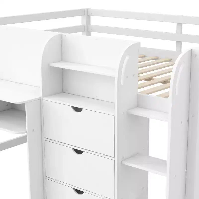 Roze/witte lage hoogslaper met bureau, opbergruimte en whiteboard ?C eenpersoonsbed, 1 persoon