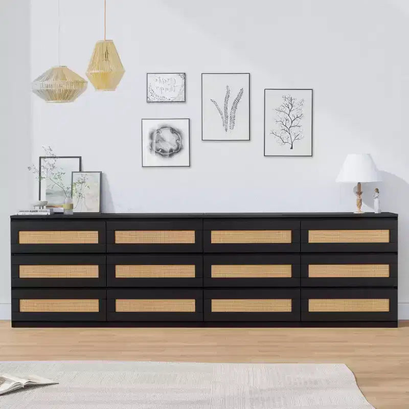 Rotan ladekast voor de slaapkamer met 6 laden, brede moderne ladekast van 47 inch in landelijke stijl, houten opbergkast en organizer voor kledingkast, woonkamer en hal