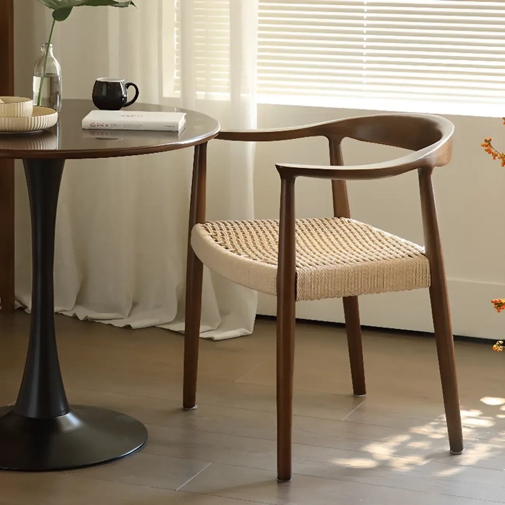 Chaise de salle à manger scandinave en bois courbé, avec assise tressée et accoudoirs