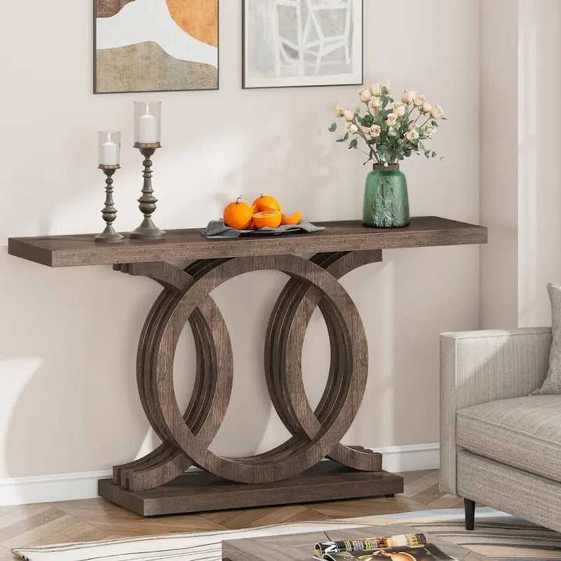 Vintage consoletafel met geometrisch onderstel, houten haltafel