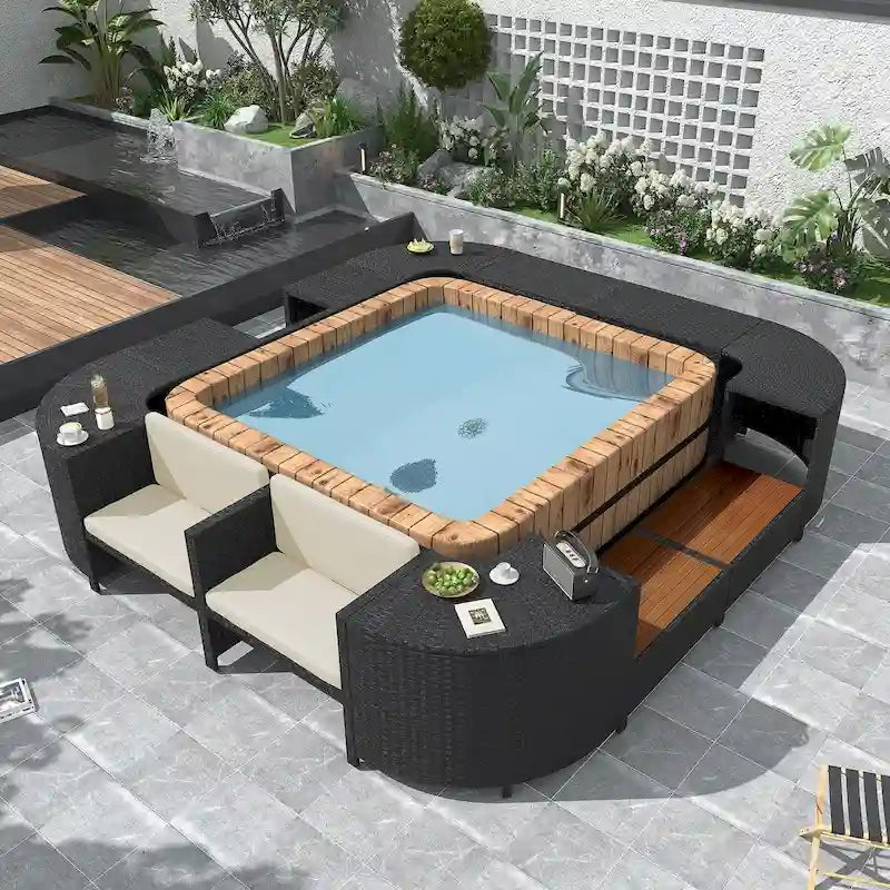 Spa-Umrandung, quadratisches Outdoor-Rattan-Ecksofa-Set mit Spa-Gestell