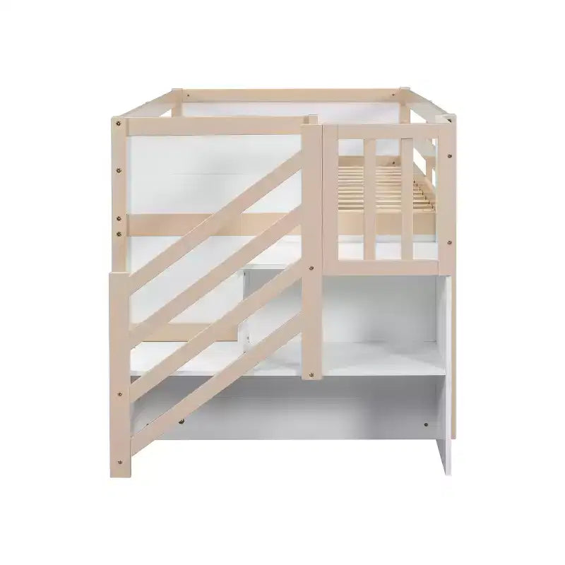 94.6L x 42.3W laag halfhoogslaper van massief hout voor een eenpersoonsbed, met trap, lade en plank, modern en strak ontwerp