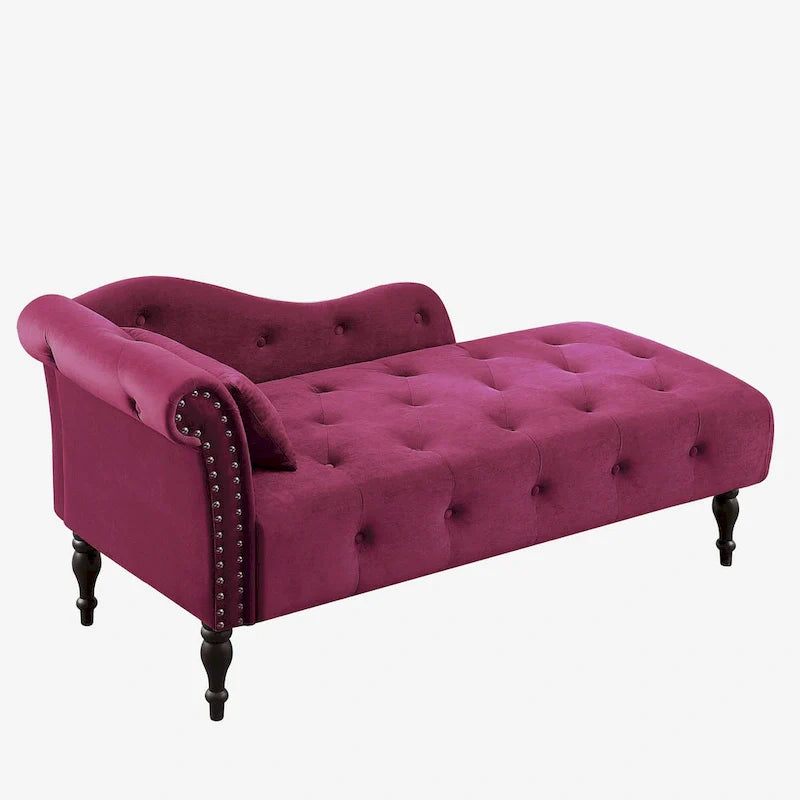 Moderne chaise longue van 60,6, bekleed met fluweel en voorzien van gecapitonneerde knopen, met poten van massief hout en sierspijkers
