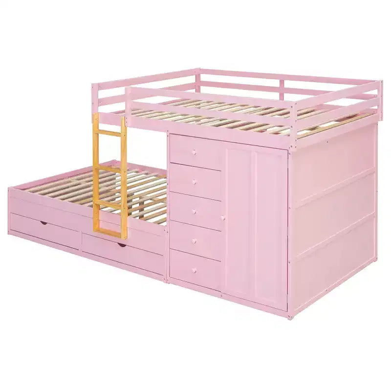Stapelbed met twee tweepersoonsbedden, opbergkast en laden, houten stapelbed in tweepersoonsformaat met ruimtebesparend ontwerp en veiligheidsreling voor appartement en slaapkamer