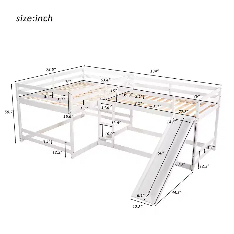 L-vormig stapelbed voor 4 kinderen, stapelbed voor vier met glijbaan, eenpersoonsbed en tweepersoonsbed, houten frame voor slaapkamer of studentenhuis