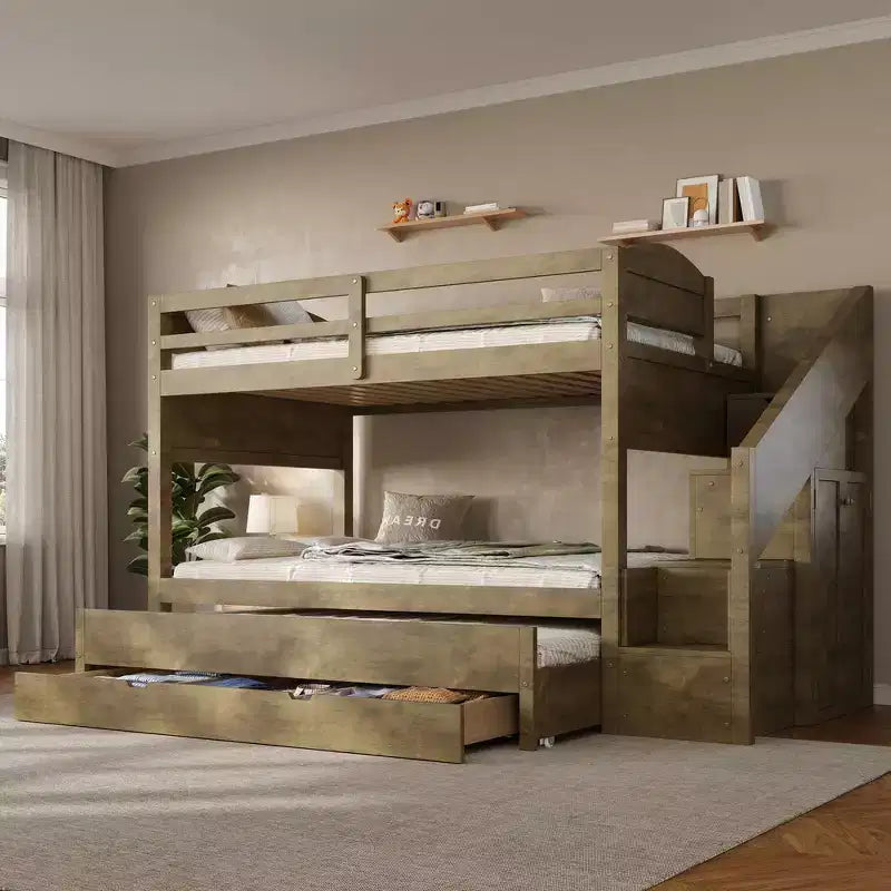 Whisen XL-Etagenbettgestell mit Ausziehbett, Etagenbett mit Stauraum, Etagenbett aus Massivholz, Stauraumtreppe, Kleiderschrank, 3 Schubladen, für Kinder