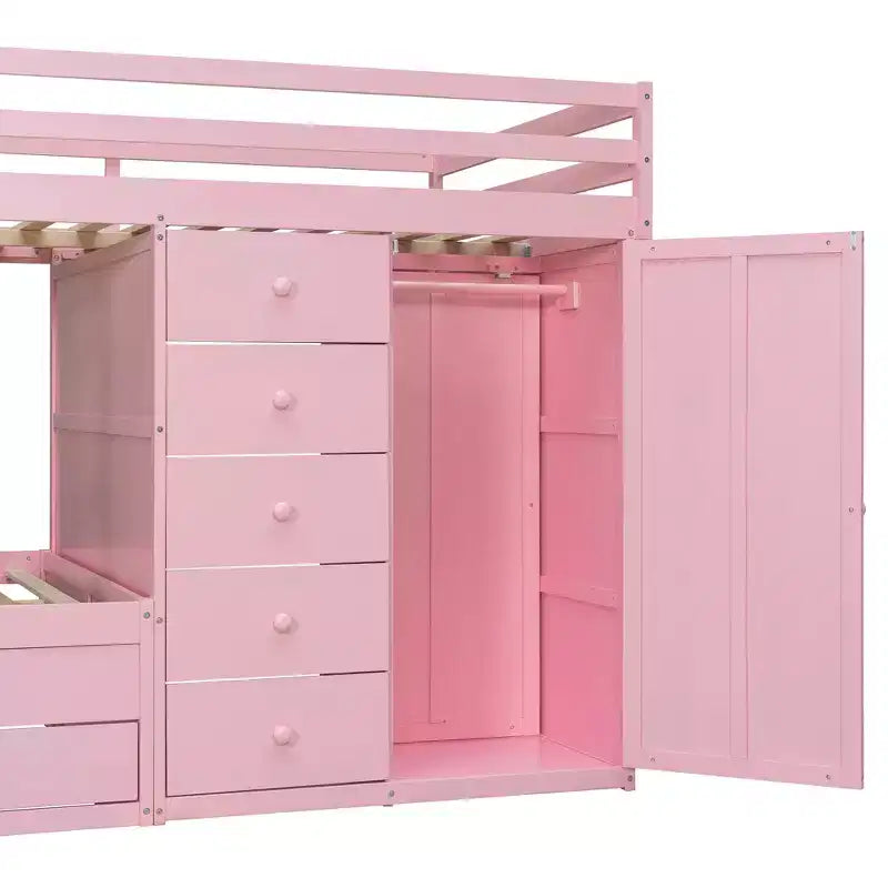 Stapelbed met twee tweepersoonsbedden, opbergkast en laden, houten stapelbed in tweepersoonsformaat met ruimtebesparend ontwerp en veiligheidsreling voor appartement en slaapkamer