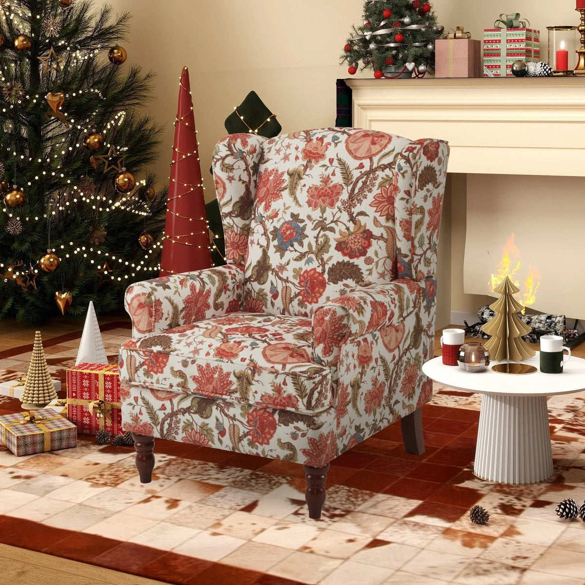 Fauteuil d’appoint moderne Erommy à dossier haut, fauteuil une place en tissu rembourré avec boutons et pieds en bois, pour salon