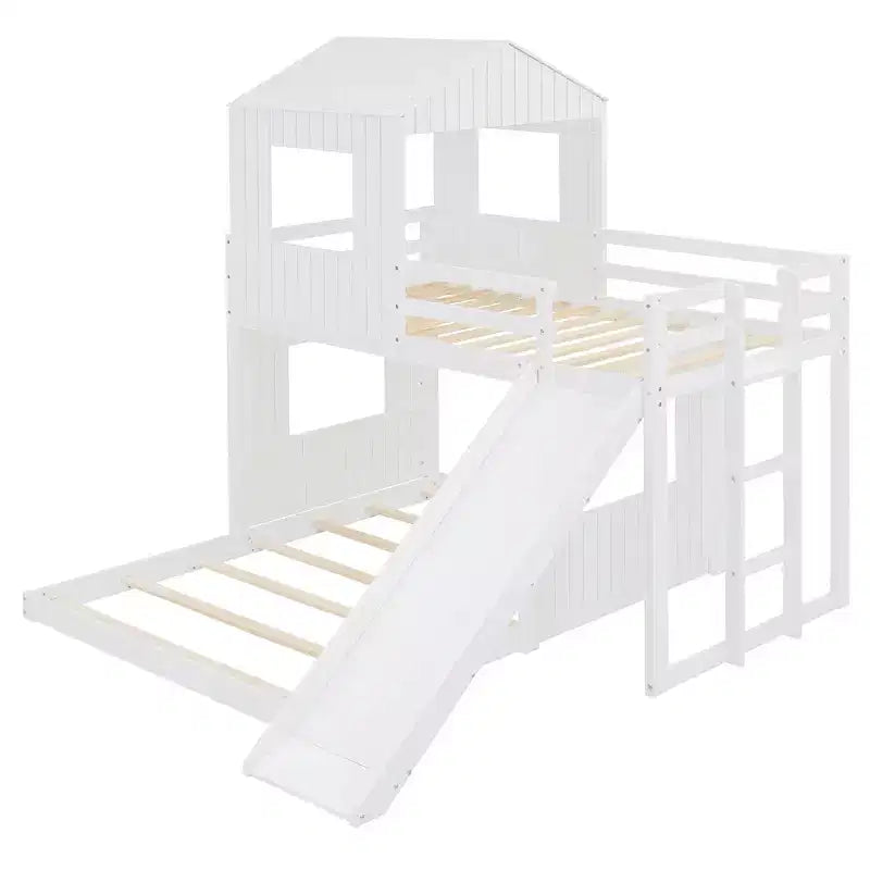 Lit superposé en bois Luxystar, couchage supérieur 1 place et inférieur 2 places, avec maisonnette, toboggan et barrières de sécurité