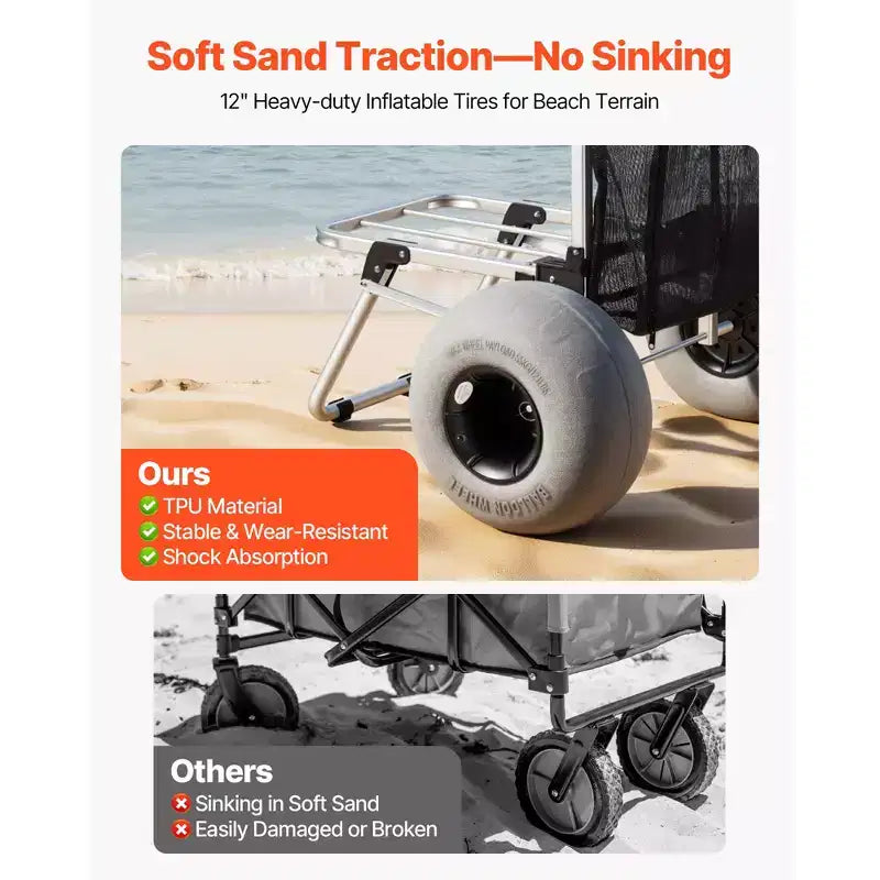 VEVOR Strandwagen mit großen Rädern für Sand, Ladefläche 20 x 15, klappbarer Strandwagen mit 12 Ballonreifen, Tragkraft 165 lbs, Silber+Schwarz