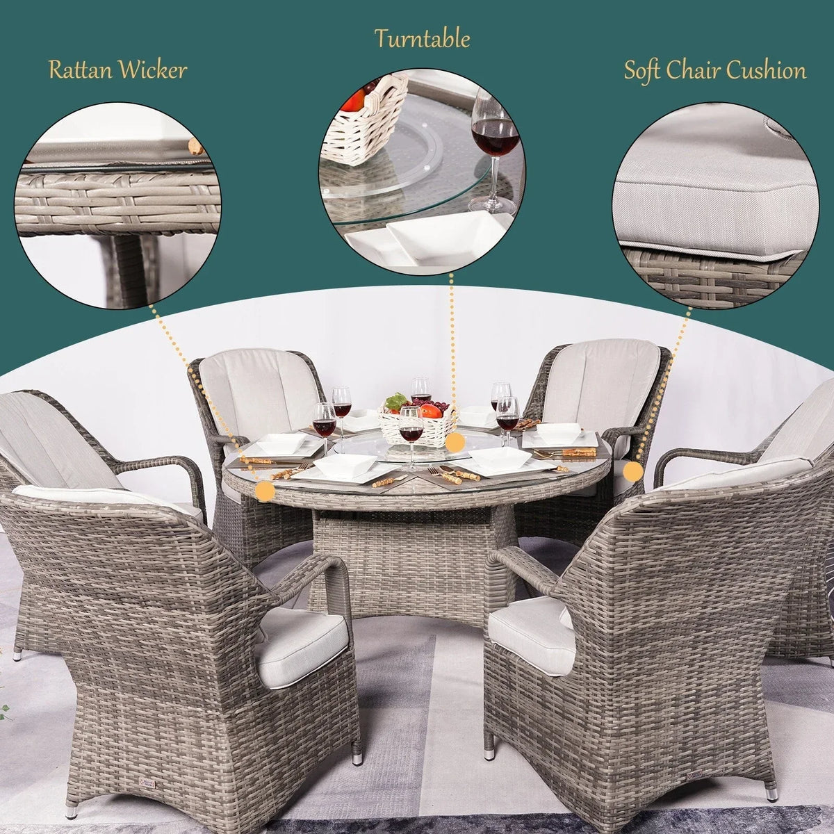 7-delige ronde eethoek voor buiten van gevlochten rotan met kussens van Moda Furnishings