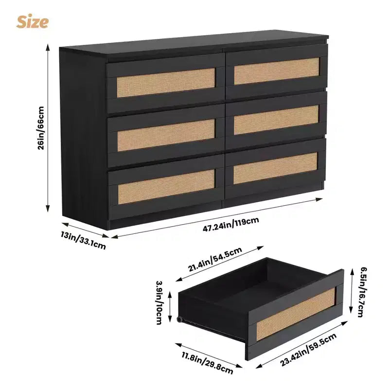 Rotan ladekast voor de slaapkamer met 6 laden, brede moderne ladekast van 47 inch in landelijke stijl, houten opbergkast en organizer voor kledingkast, woonkamer en hal