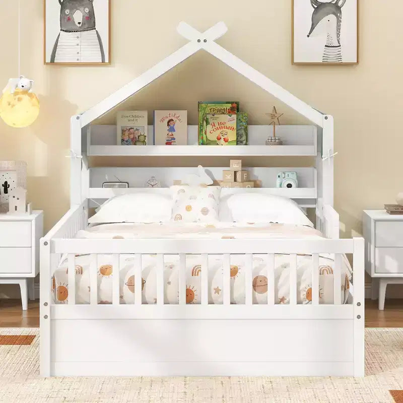 Lit cabane en bois ModernLuxe pour lit simple ou double avec tête de lit de rangement, cadre de lit pour enfant en pin massif avec barrières de sécurité