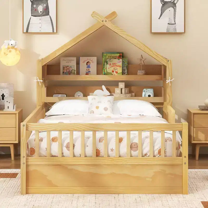 Lit cabane en bois ModernLuxe pour lit simple ou double avec tête de lit de rangement, cadre de lit pour enfant en pin massif avec barrières de sécurité