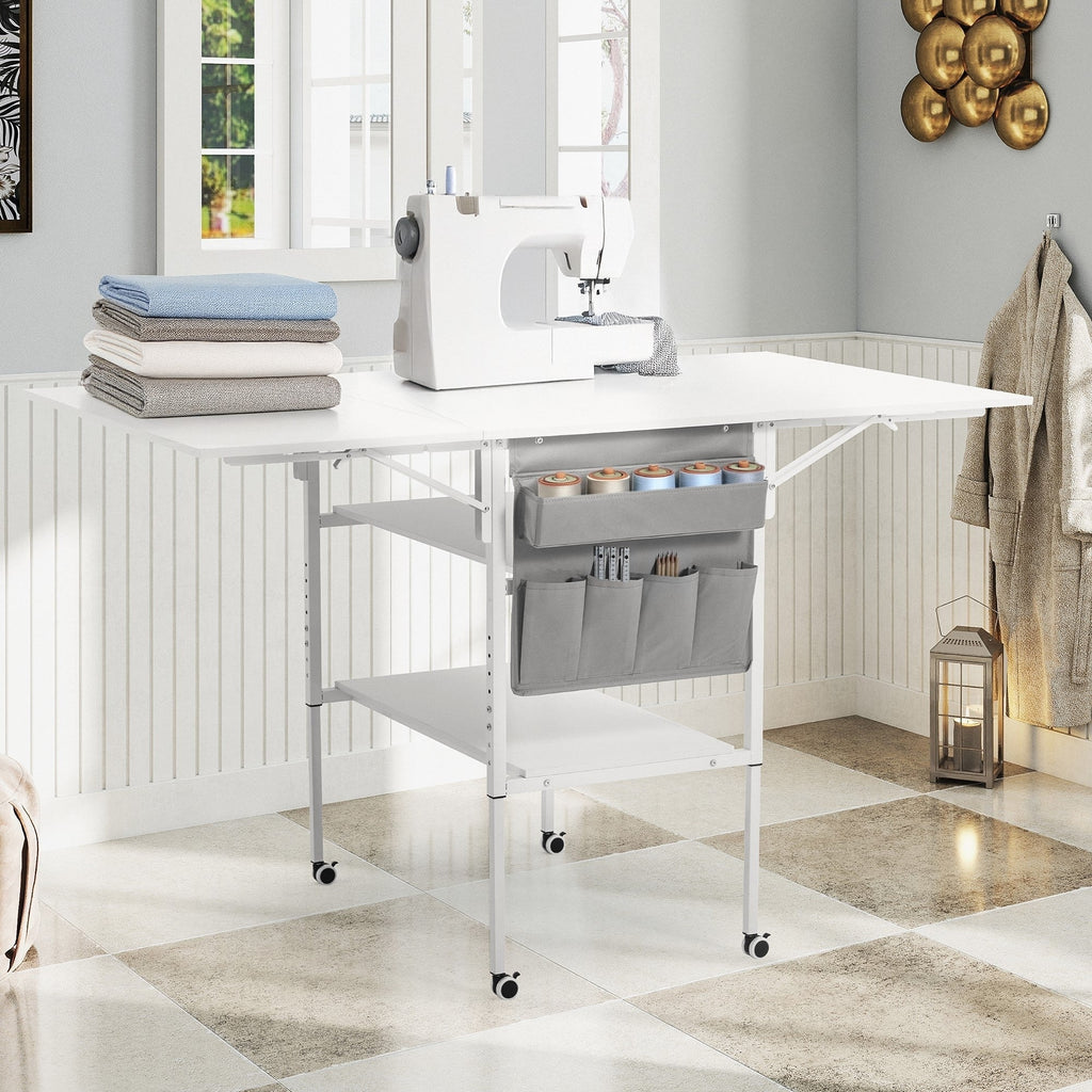 Table d’activités réglable en hauteur avec étagères de rangement, table de découpe pliante et mobile pour bureau à domicile, couture ou loisirs créatifs